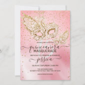 Gouden Glitter Roze Zijde Masquerade Quinceañera Kaart (Voorkant)