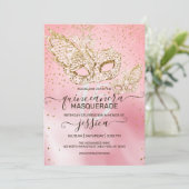 Gouden Glitter Roze Zijde Masquerade Quinceañera Kaart (Staand voorkant)