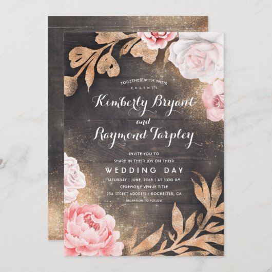 Gouden Glitter | Rustiek land bloemenbruiloft Kaart (Voorkant / Achterkant)