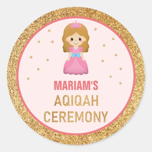 Gouden Glitter Schattige Kleine Prinses Aqiqah Ronde Sticker (Voorkant)