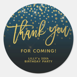 Gouden Glitter Script Bedankt Voor Het Komen Blauw Ronde Sticker