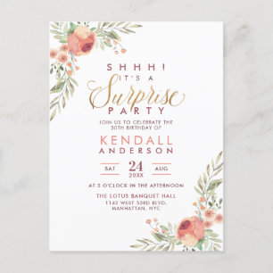 Gouden Glitter Script Bloemen Verrassing Verjaarda Uitnodiging Briefkaart