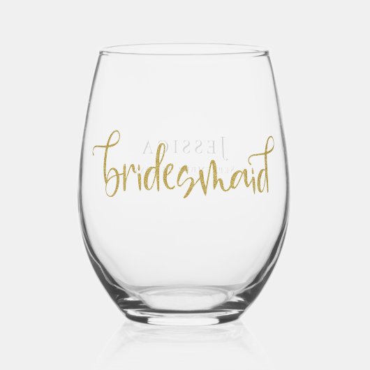 Gouden Glitter Script Naam Datum Bruidsmeisje Gift Wijnglas Zonder Voet (Voorkant)