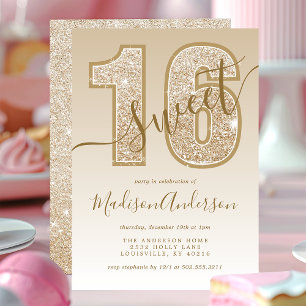 Gouden Glitter Script Sweet 16 Verjaardagsfeestje Kaart