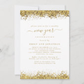 Gouden Glitter Script Witte Oud en Nieuw Feest Kaart (Voorkant)