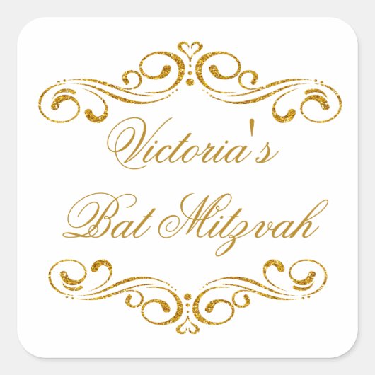 Gouden glitter scrolls Bat Mitzvah Logo Vierkante Sticker (Voorkant)