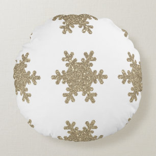 Gouden Glitter Sneeuwvlok Patroon Witte Kerst Rond Kussen