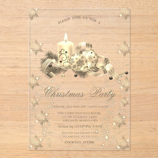 Gouden Glitter Sneeuwvlokken Kaarsenballen Kerstmi Acryl Uitnodigingen (Voorkant)