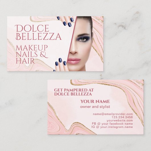 Gouden Glitter Sparkle Blush Roze Marmeren Art Pat Visitekaartje (Voorkant / Achterkant)