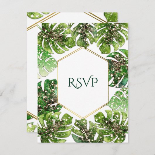 Gouden Glitter Sparkle Tropische bladeren Bruiloft Uitnodiging Briefkaart (Voorkant / Achterkant)