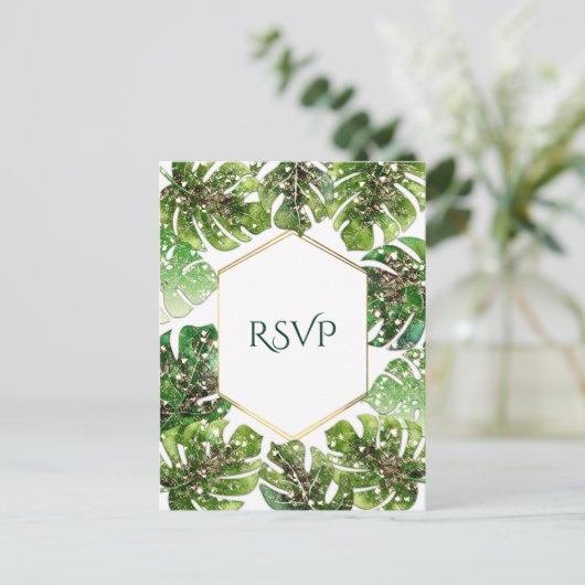 Gouden Glitter Sparkle Tropische bladeren Bruiloft Uitnodiging Briefkaart (Staand voorkant)