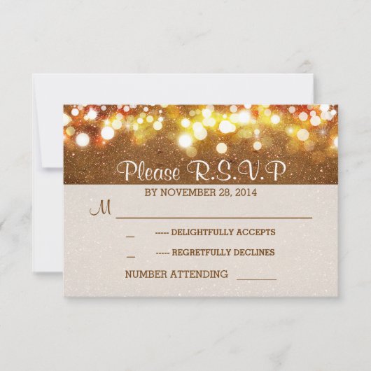 gouden glitter string lichten romantische bruiloft RSVP kaartje (Voorkant)