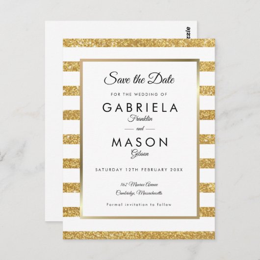 Gouden Glitter Stripe Save the Date Briefkaart (Voorkant / Achterkant)