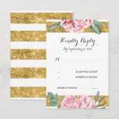 Gouden Glitter Stripes Roze Bloemen Huwelijk RSVP (Voorkant / Achterkant)