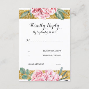Gouden Glitter Stripes Roze Bloemen Huwelijk RSVP Kaartje