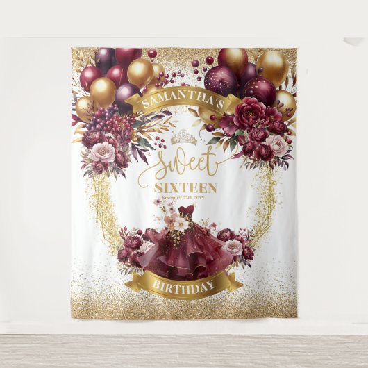 Gouden Glitter Sweet 16 Achtergrond Bourgondische  Wandkleed (Voorkant)