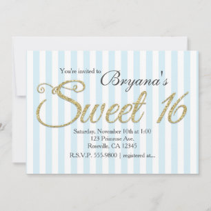 Gouden glitter sweet 16 blauwe feest uitnodigingen