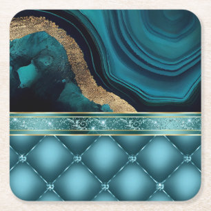 Gouden Glitter Teal Agate Marmer Diamanten Vierkante Kartonnen Onderzetter
