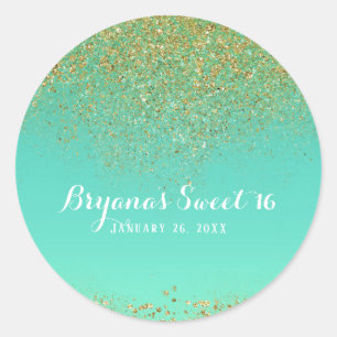 Gouden Glitter & Teal Aqua Glam Verjaardagsfeest F Ronde Sticker