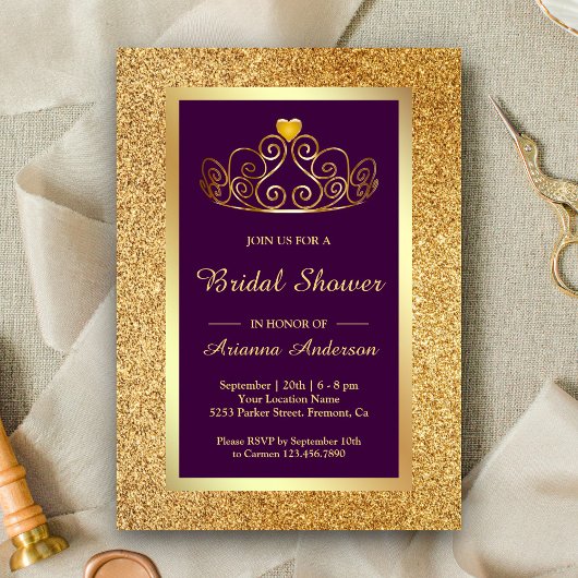 Gouden Glitter Tiara Prinses Paarse Vrijgezellenfe Kaart