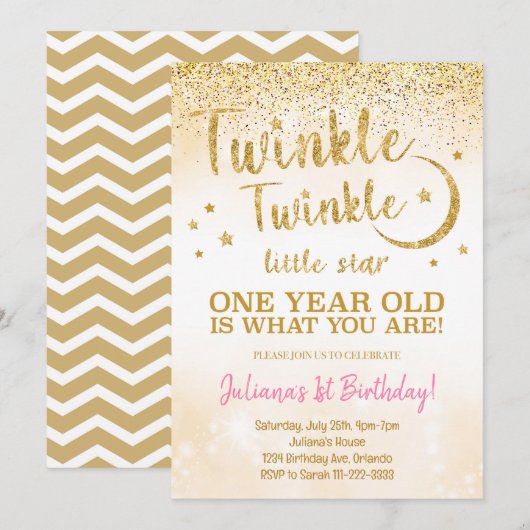 Gouden Glitter Twinkle Little Star Uitnodiging (Voorkant / Achterkant)