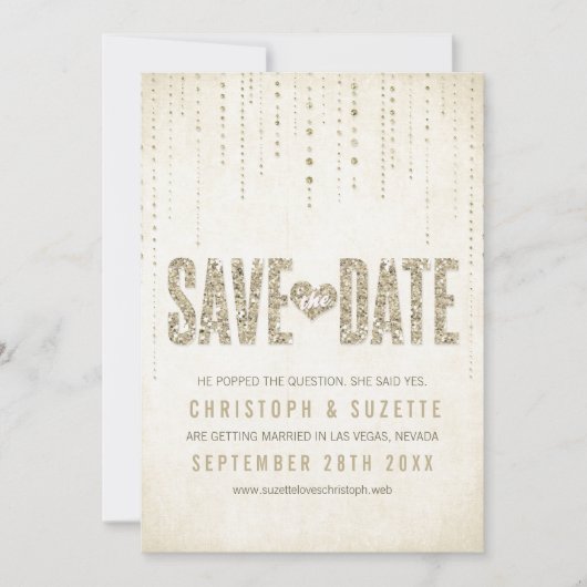 Gouden Glitter Uitzicht Save The Date Aankondiging (Voorkant)