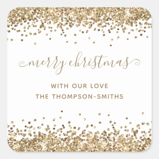 Gouden Glitter Vrolijk Kerstmis Script Namen Wit Vierkante Sticker (Voorkant)