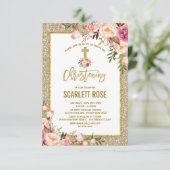 Gouden Glitter Waterverf Bloemen Meisje Doop Kaart (Staand voorkant)