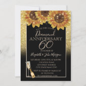 Gouden glitter, wijn, glas, zonnebloemen jubileum kaart (Voorkant)