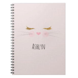 Gouden Glitter Wimpers Roze Neus Kitty Kat Kop Notitieboek