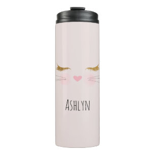 Gouden Glitter Wimpers Roze Neus Kitty Kat Kop Thermosbeker