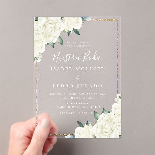 Gouden Glitter Wit Bloemen Nuestra Boda Bruiloft Acryl Uitnodigingen