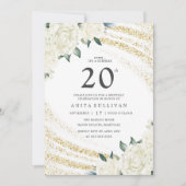 Gouden Glitter Witte Bloemen Twintigste Verjaardag Kaart (Voorkant)