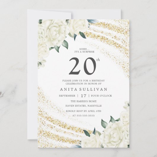 Gouden Glitter Witte Bloemen Twintigste Verjaardag Kaart (Voorkant)