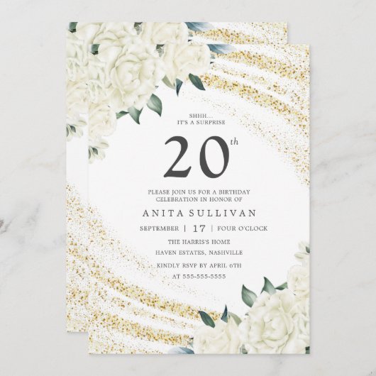 Gouden Glitter Witte Bloemen Twintigste Verjaardag Kaart (Voorkant / Achterkant)