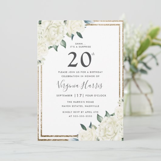 Gouden Glitter Witte Bloemen Twintigste Verjaardag Kaart (Staand voorkant)
