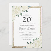 Gouden Glitter Witte Bloemen Twintigste Verjaardag Kaart (Voorkant / Achterkant)