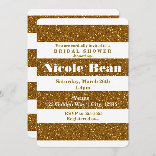 Gouden Glitter & Witte Strepen Glamour Uitnodiging (Voorkant / Achterkant)