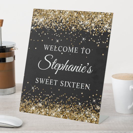Gouden Glitter Zwart Zoet Zestien Welkom Reclamebord Met Voetstuk (Insitu)