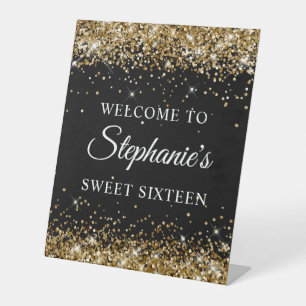 Gouden Glitter Zwarte Sweet Sixteen Welkom Reclamebord Met Voetstuk