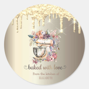 Gouden Glitterdruppels Bloem Mixer Keuken Ronde Sticker