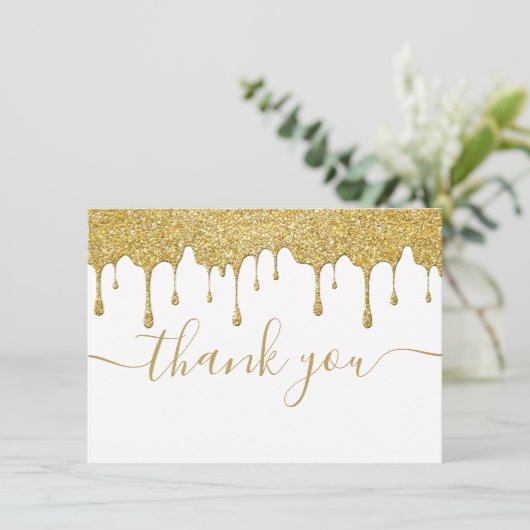Gouden Glitterdruppels Moderne Elegante Script Bedankkaart (Staand voorkant)