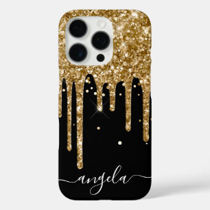 Gouden Glitterdruppels Zwarte Glam Handtekening iPhone 16 Pro Hoesje