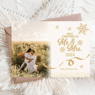 Gouden glitterfoto eerste kerst als meneer en mevr feestdagenkaart