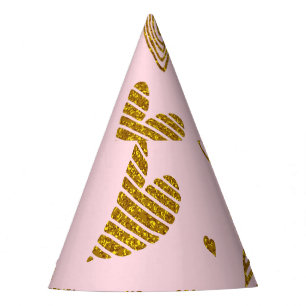 Gouden glitterharten: roze achtergrondpatroon feesthoedjes