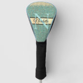 Gouden Glitterij Veren Monogram op Turquoise Golfheadcover (Voorkant)