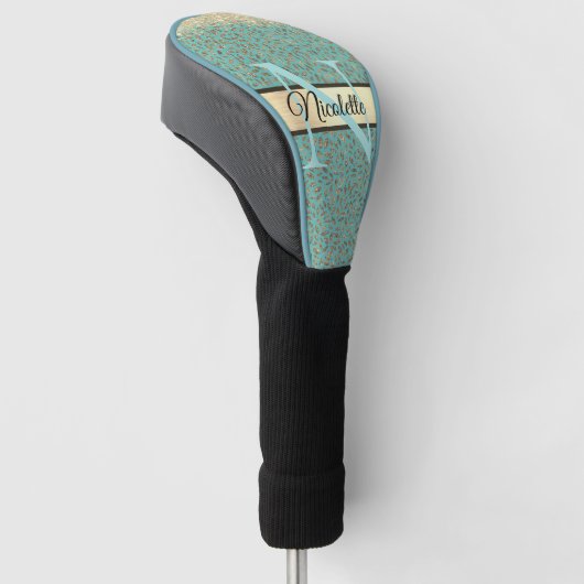 Gouden Glitterij Veren Monogram op Turquoise Golfheadcover (Schuin)