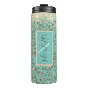 Gouden Glitterij Veren Monogram op Turquoise Thermosbeker
