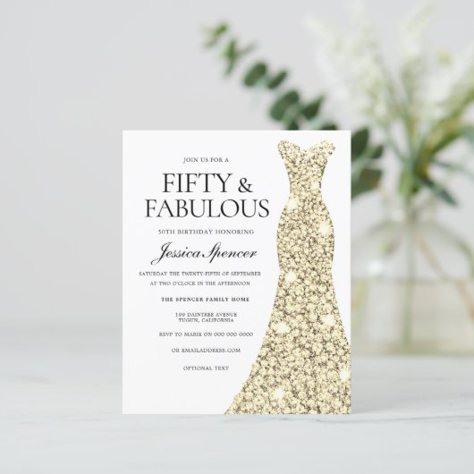 Gouden Glitterjurk 50e Verjaardag Budget Uitnodigi (Staand voorkant)