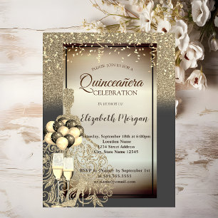 Gouden Glitterjurk, Ballonnen, Quinceanera Feestvi Kaart